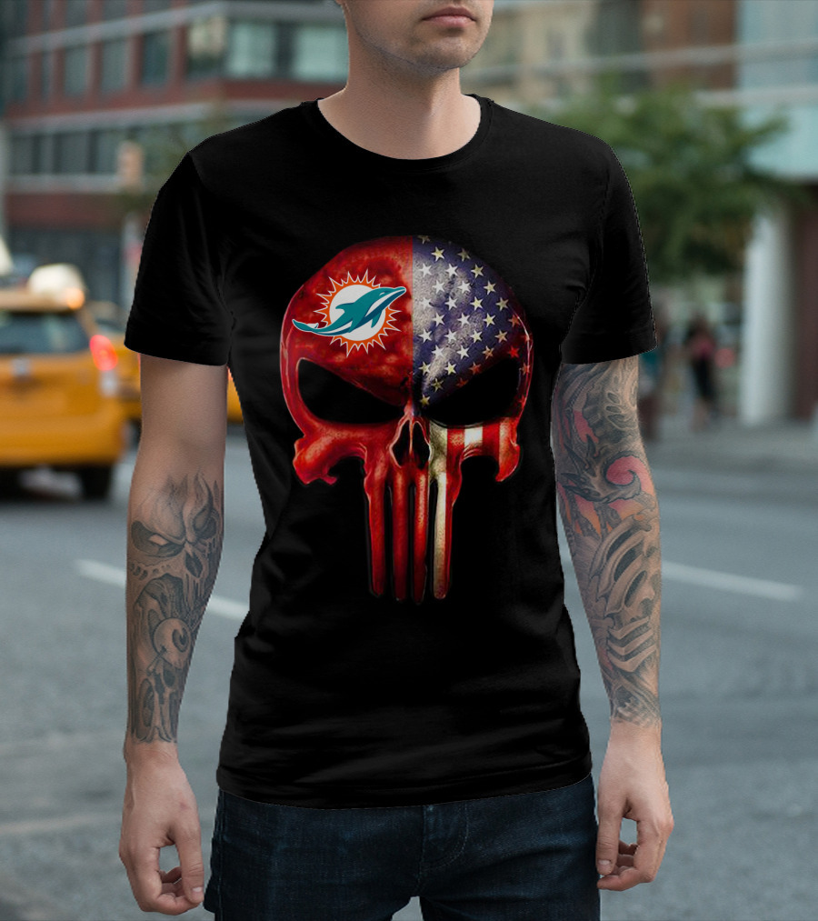 Miami Dolphins American Flag Punisher Skull 19 T-Shirt