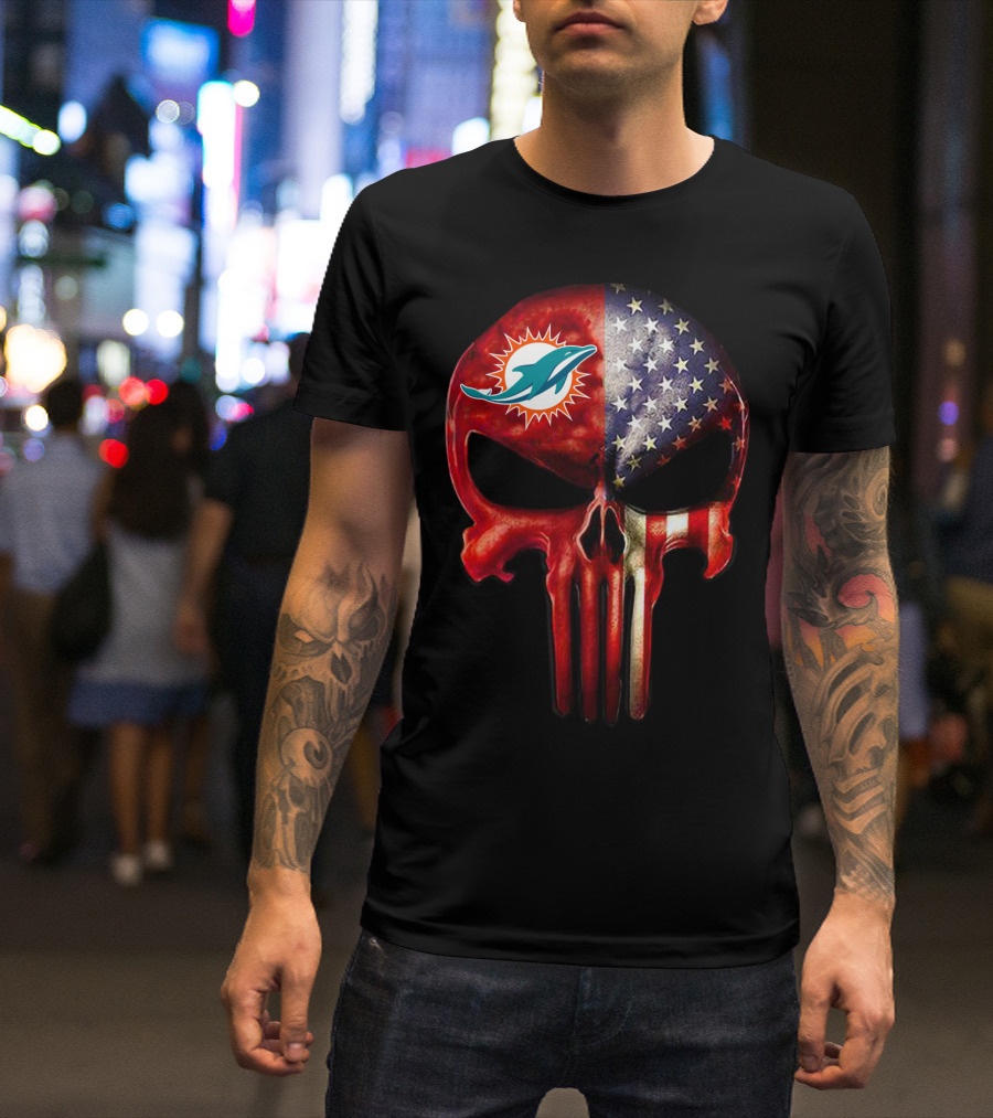 Miami Dolphins American Flag Punisher Skull 19 T-Shirt