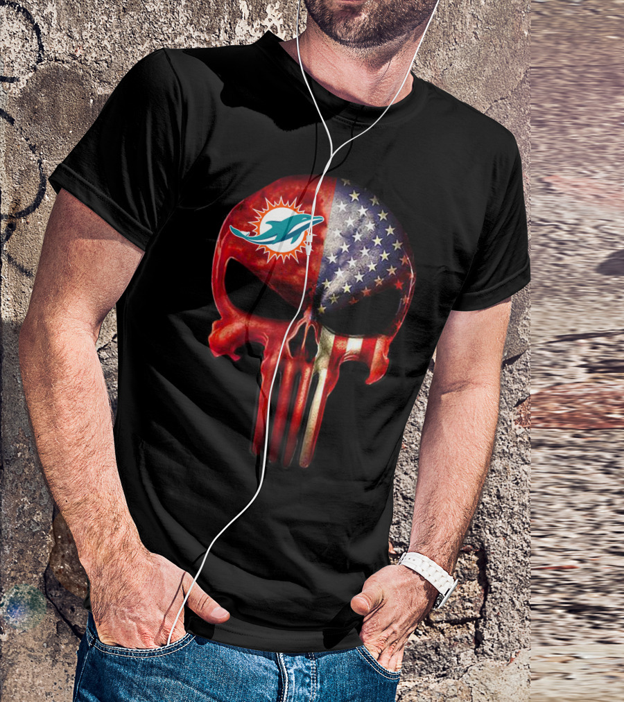 Miami Dolphins American Flag Punisher Skull 19 T-Shirt