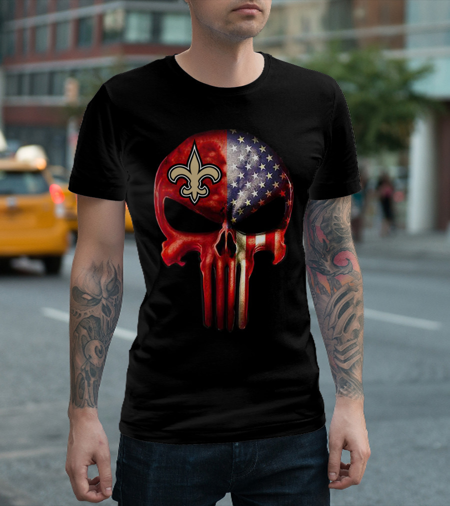 New Orleans Saints American Flag Punisher Skull T-Shirt