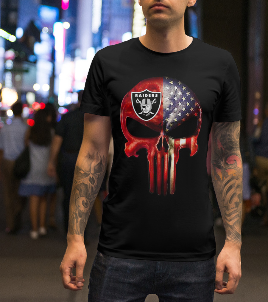 RAIDERS American Flag Skull For True OAKLAND Fan Only T-Shirt