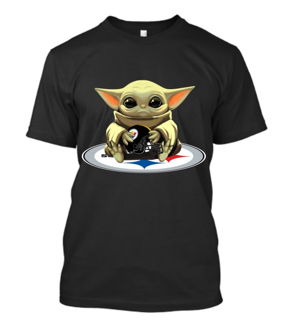 Baby Yoda Holding Steelers Football Helmet T-Shirt