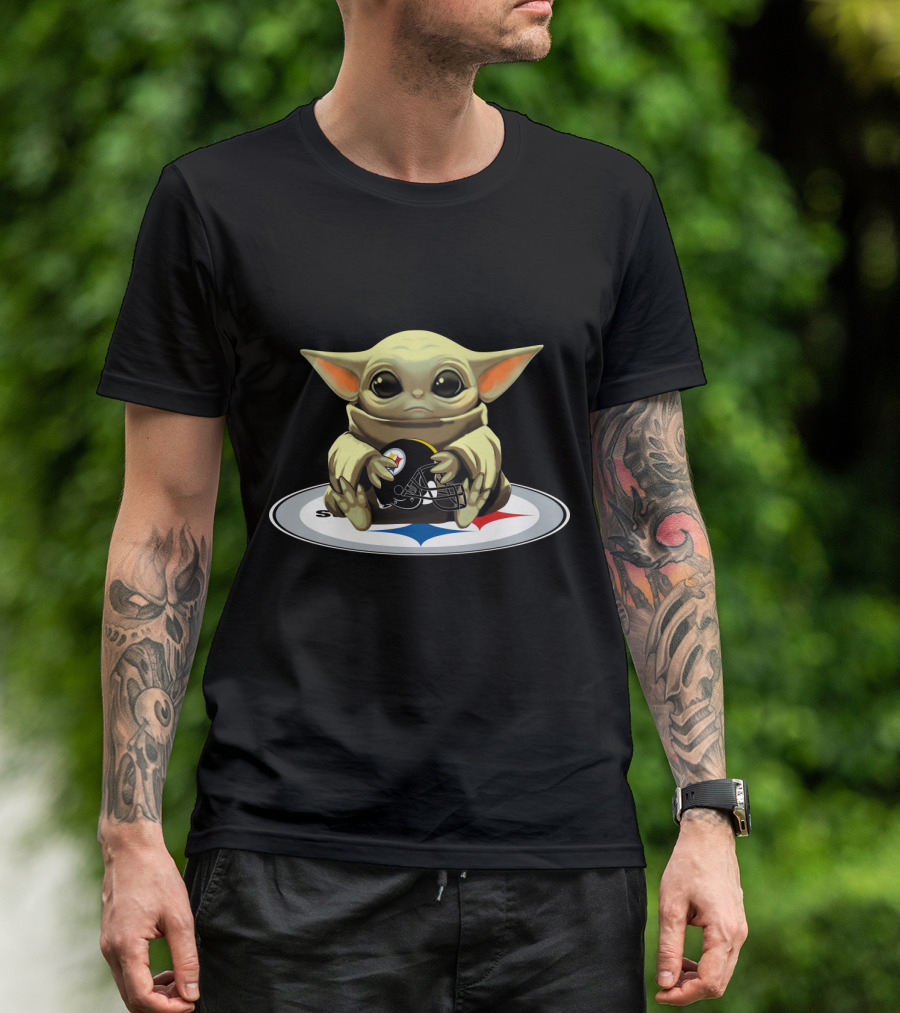 Baby Yoda Holding Steelers Football Helmet T-Shirt