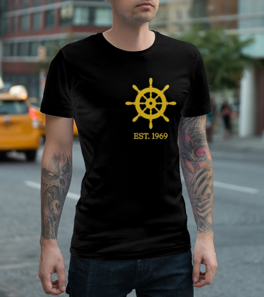 Benitez Sailing Est. 1969 Yellow Ship Wheel Emblem T-Shirt