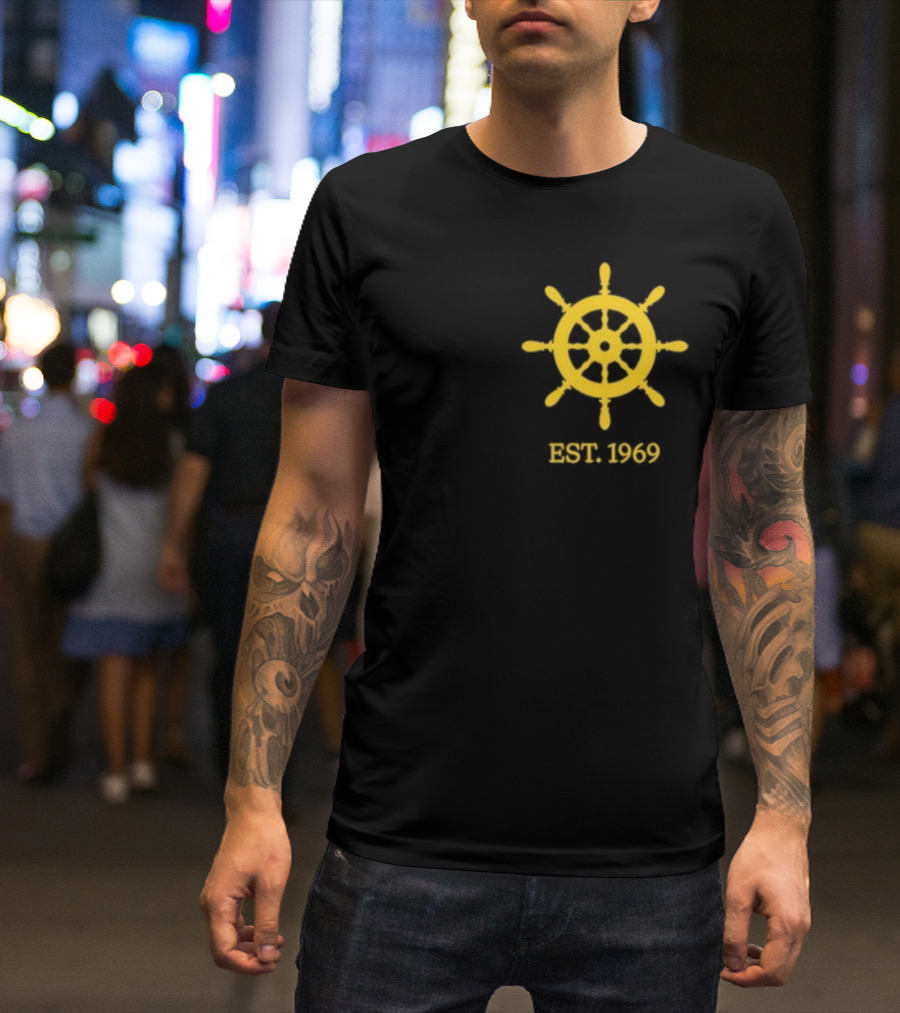 Benitez Sailing Est. 1969 Yellow Ship Wheel Emblem T-Shirt