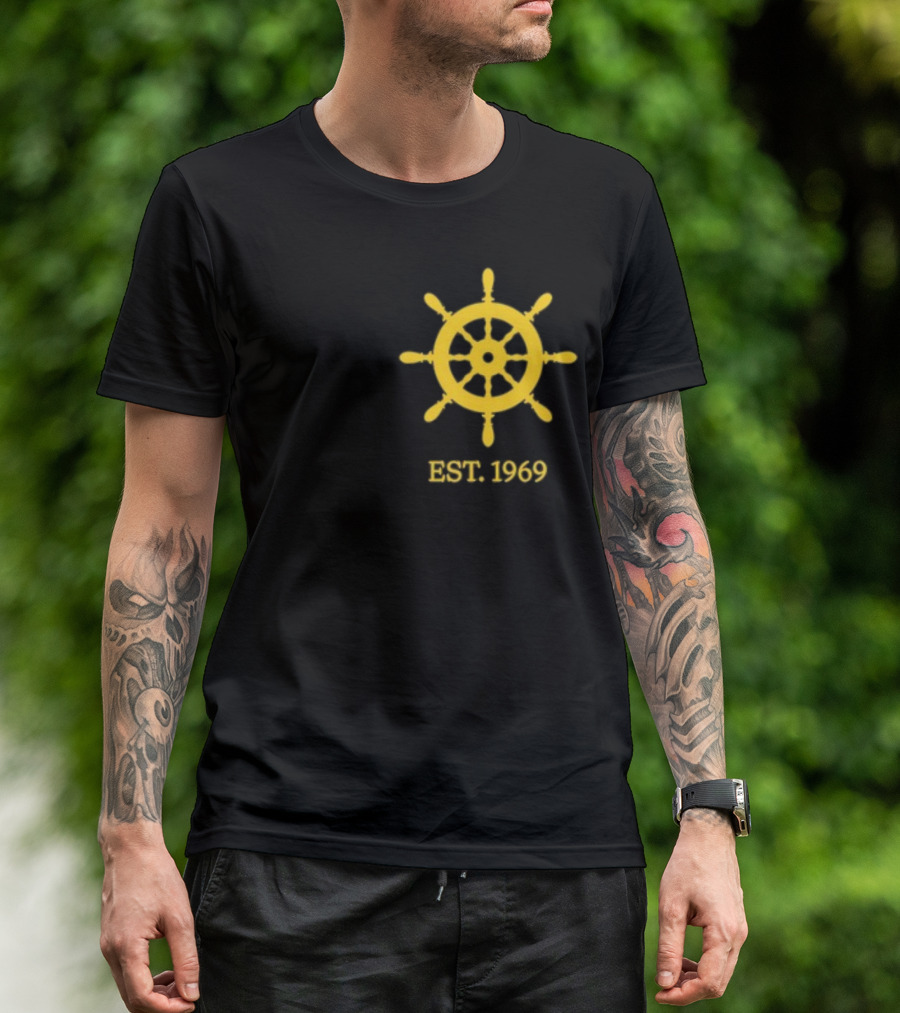Benitez Sailing Est. 1969 Yellow Ship Wheel Emblem T-Shirt