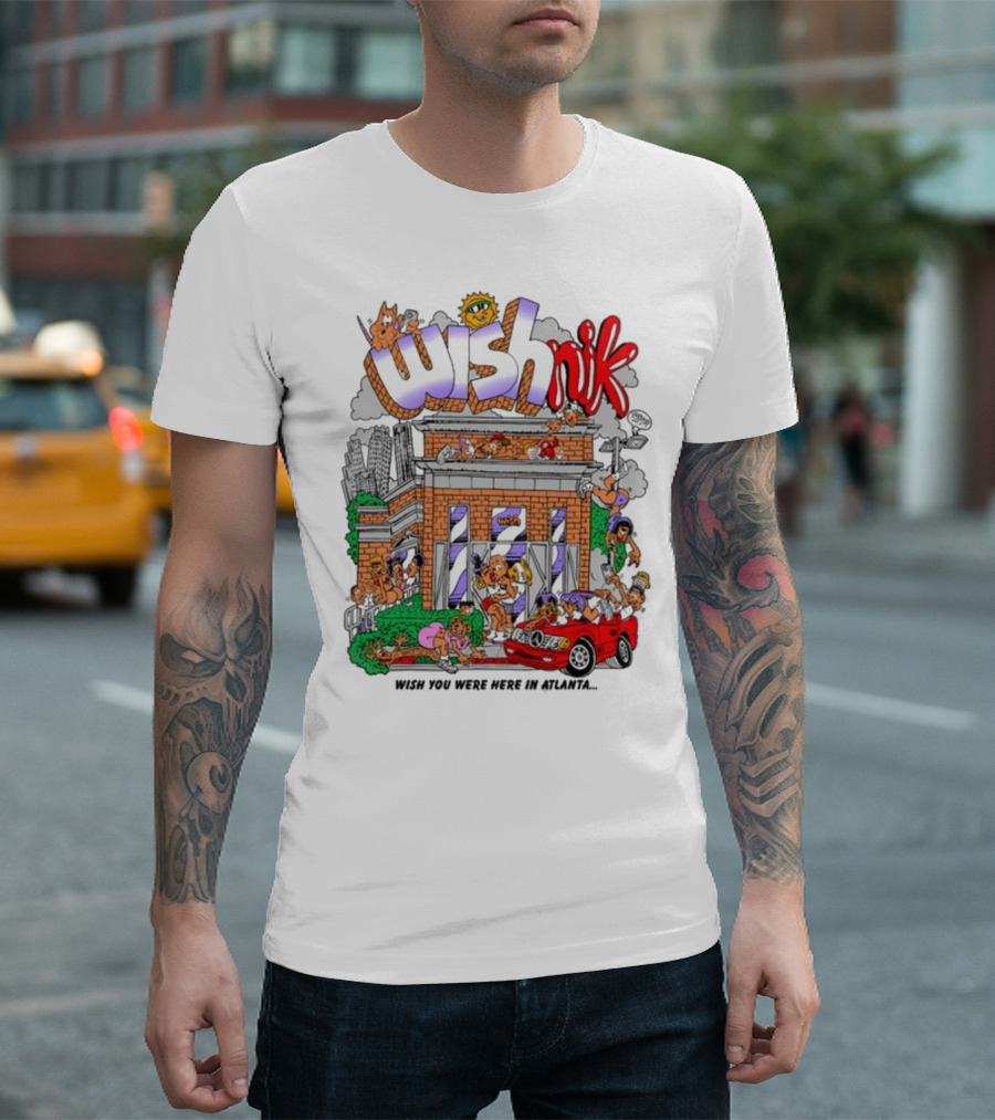 Wishnik Wish You Were Here in Atlanta Cartoon Car Crowd Scene T-Shirt
