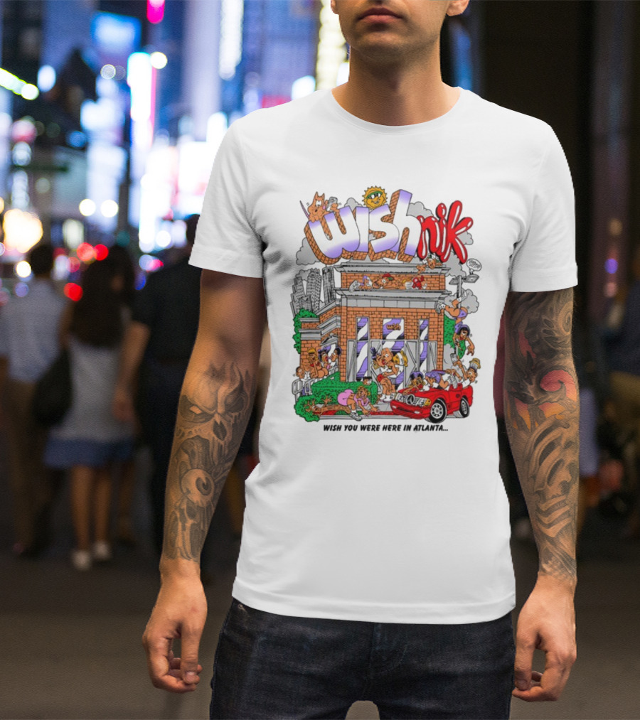 Wishnik Wish You Were Here In Atlanta Cartoon Car Crowd Scene T-Shirt