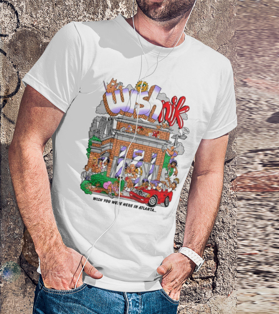 Wishnik Wish You Were Here In Atlanta Cartoon Car Crowd Scene T-Shirt