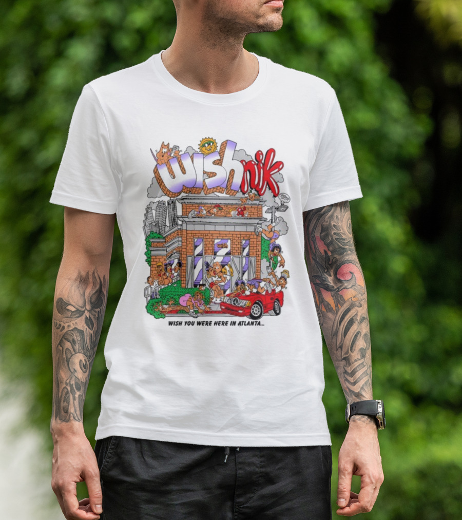 Wishnik Wish You Were Here In Atlanta Cartoon Car Crowd Scene T-Shirt