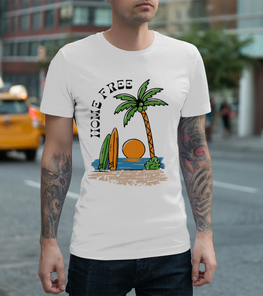 Home Free Surf and Sun Beach Palm Surfboards Sunset T-Shirt