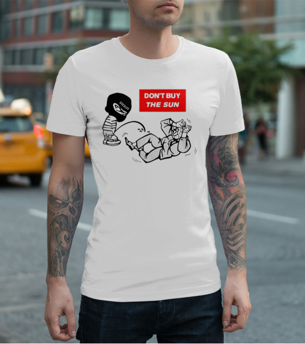 Don't Buy The Sun Graphic With Cartoon Character And Masked Figure Mocking Gesture T-Shirt