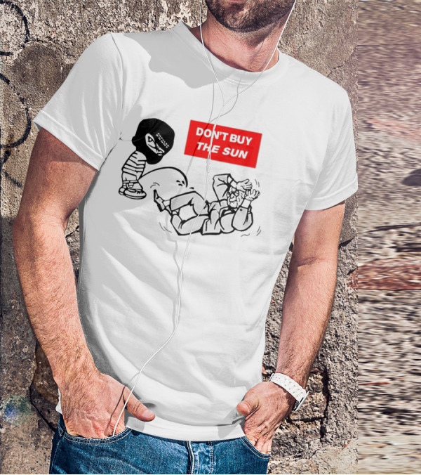 Don't Buy The Sun Graphic With Cartoon Character And Masked Figure Mocking Gesture T-Shirt