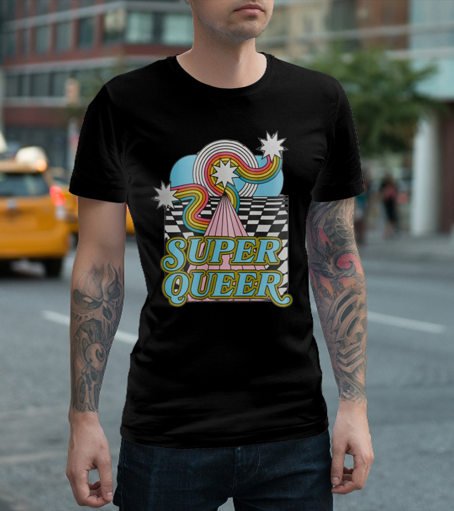 Super Queer Retro Rainbow Starburst Checkered Sky Burst T-Shirt