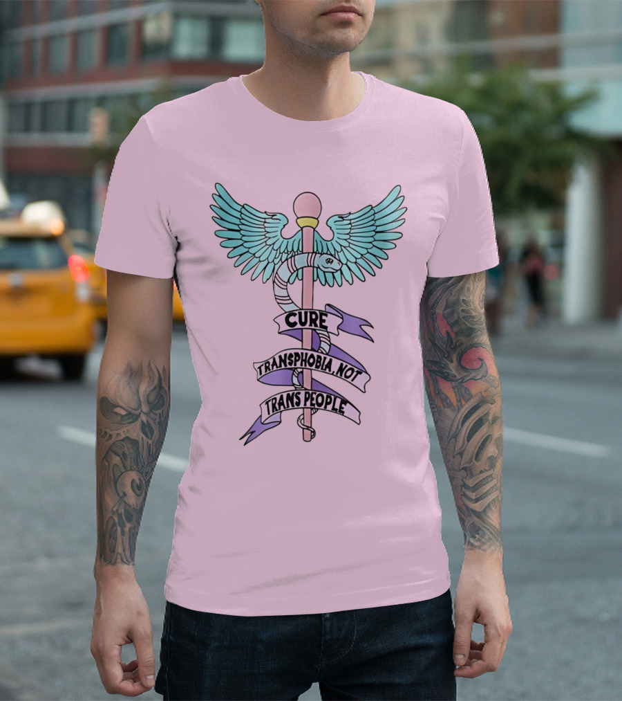 Abprallen Cure Transphobia Not Trans People Winged Caduceus with Pastel Colors T-Shirt