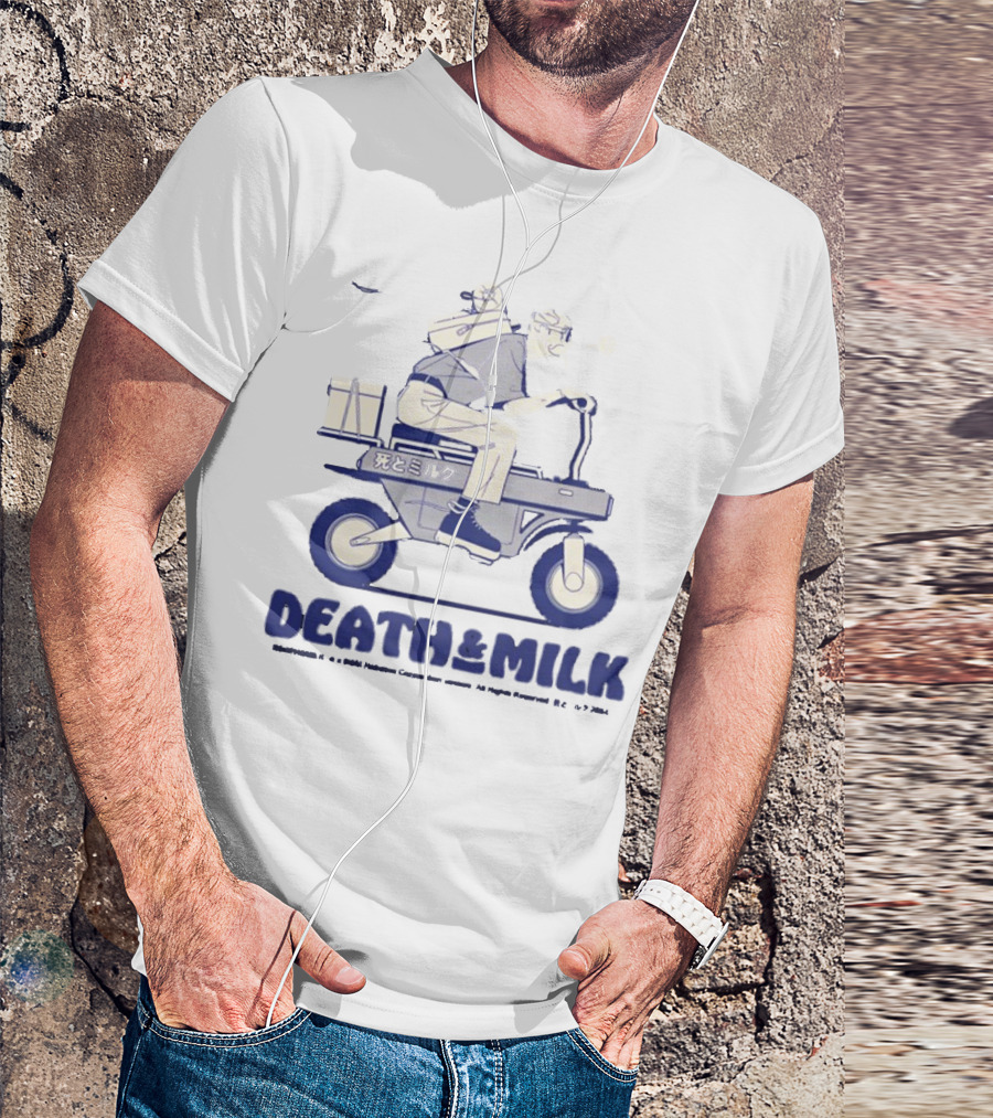 Death And Milk Riding Scooter With Package And Japanese Text T-Shirt
