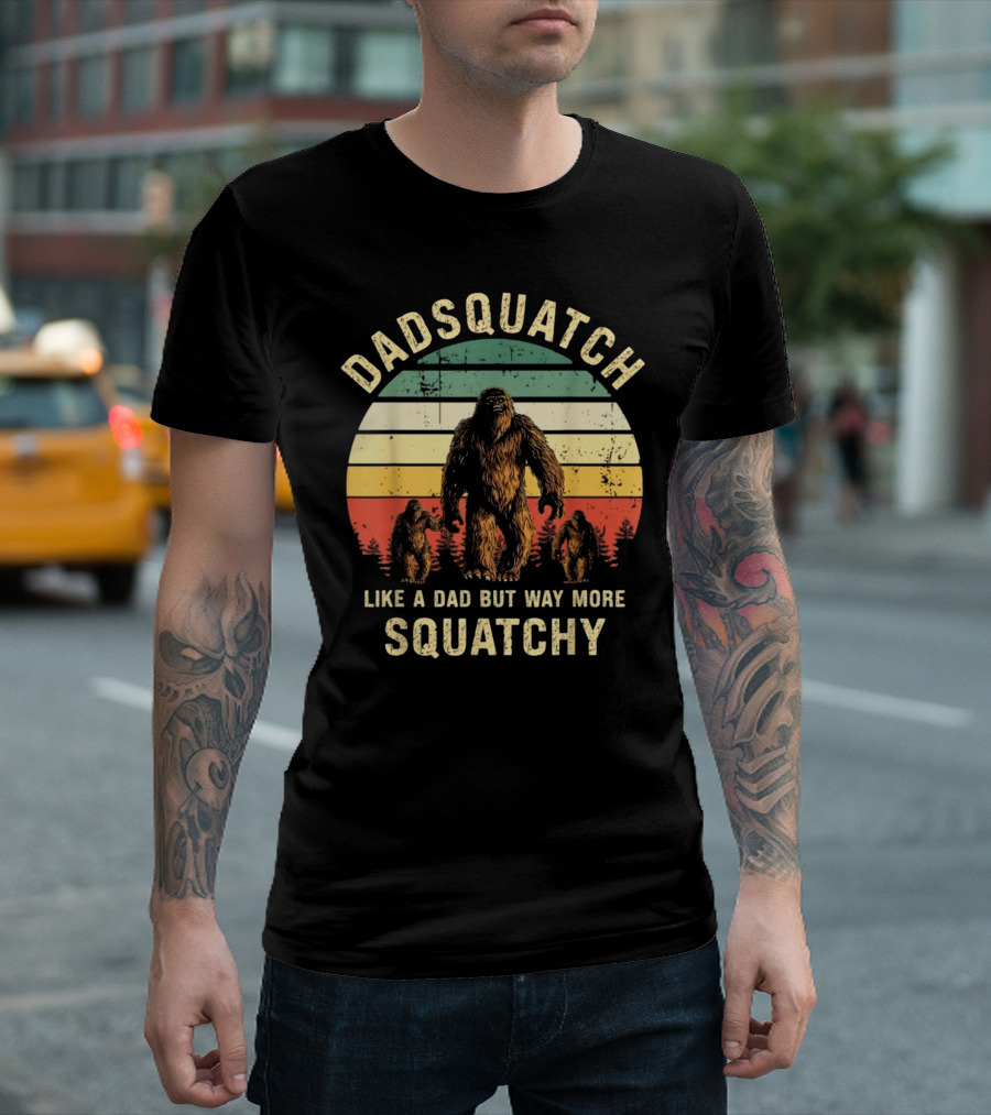 Dadsquatch Like A Dad But Way More Squatchy Vintage Bigfoot Forest Sunset T-Shirt