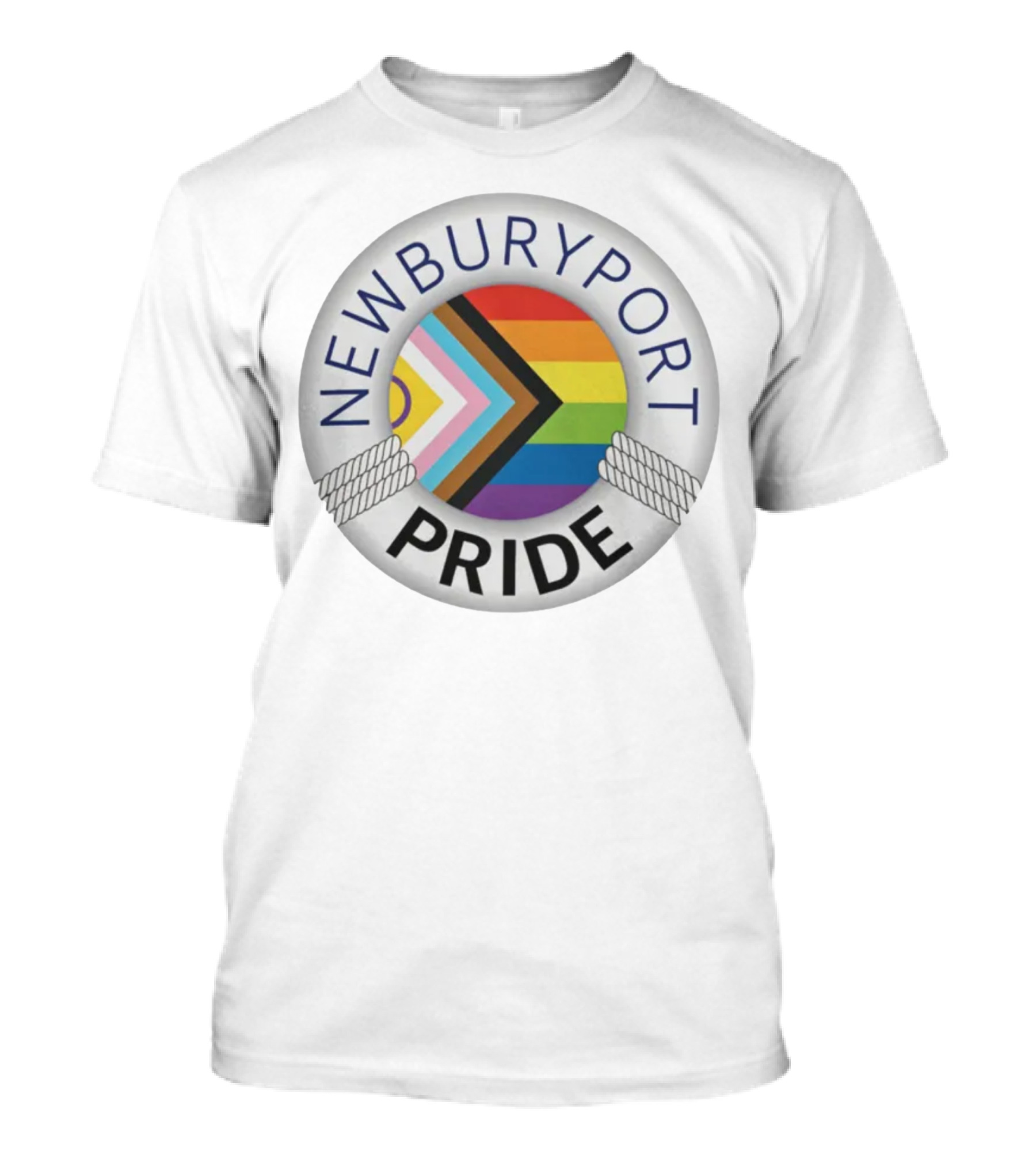Newburyport Pride Progress Flag Round Emblem T-Shirt