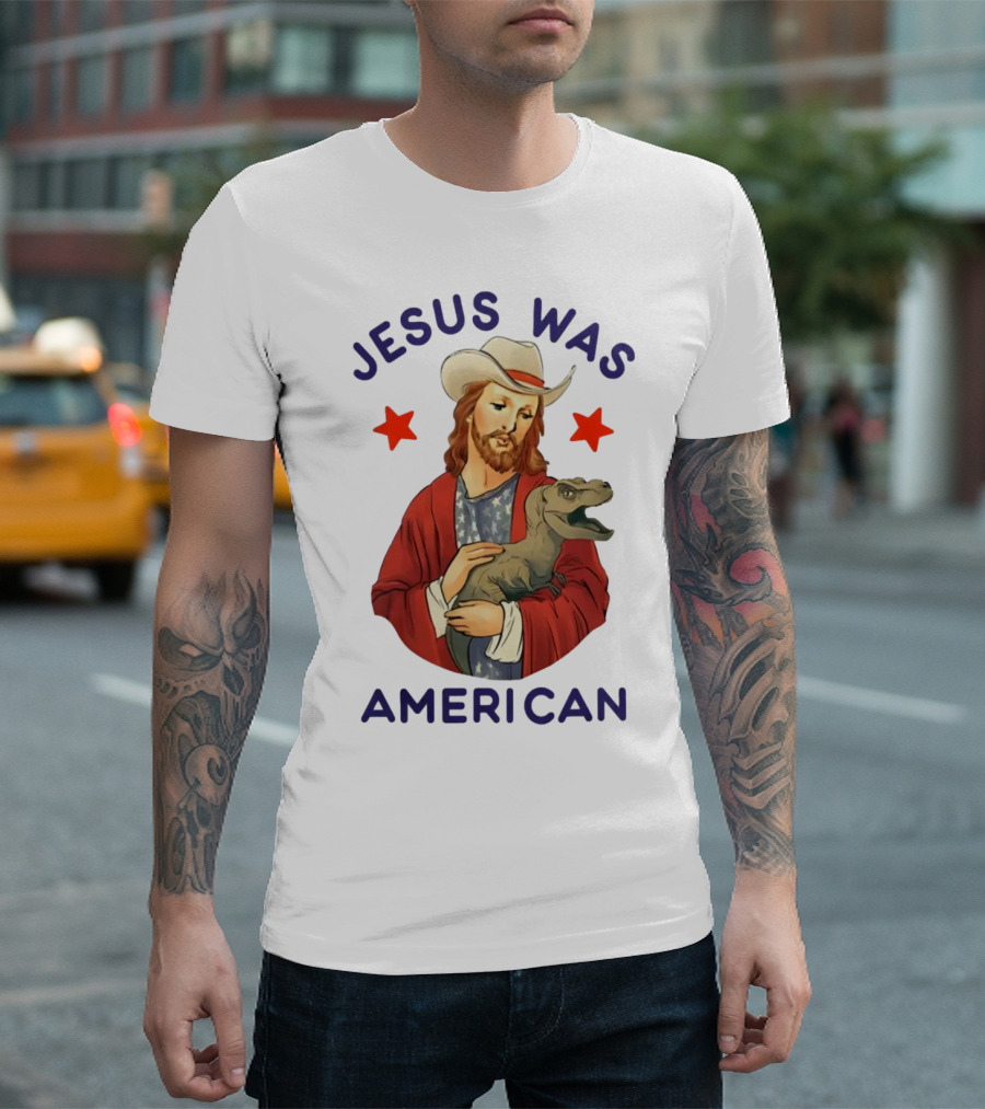 Jesus Was American Holding Dinosaur In Cowboy Hat With Stars T-Shirt