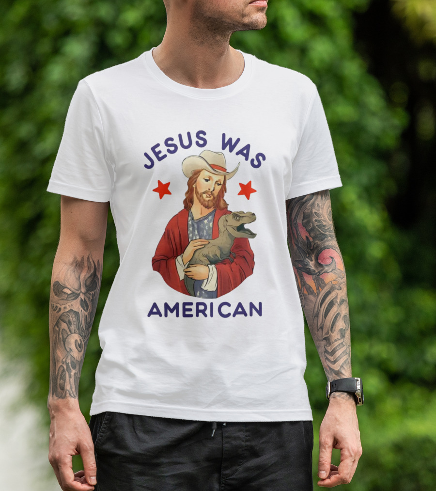 Jesus Was American Holding Dinosaur In Cowboy Hat With Stars T-Shirt