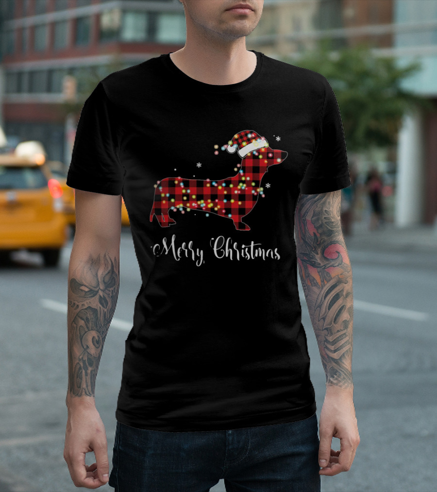 Merry Christmas Red Plaid Buffalo Dachshund with Santa Hat and Lights T-Shirt