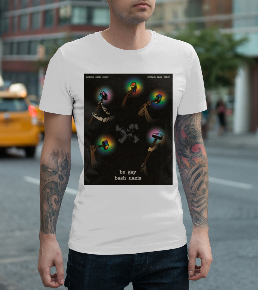 Defend Each Other Protect Each Other Be Gay Bash Nazis Rainbow Hammers Icons T-Shirt