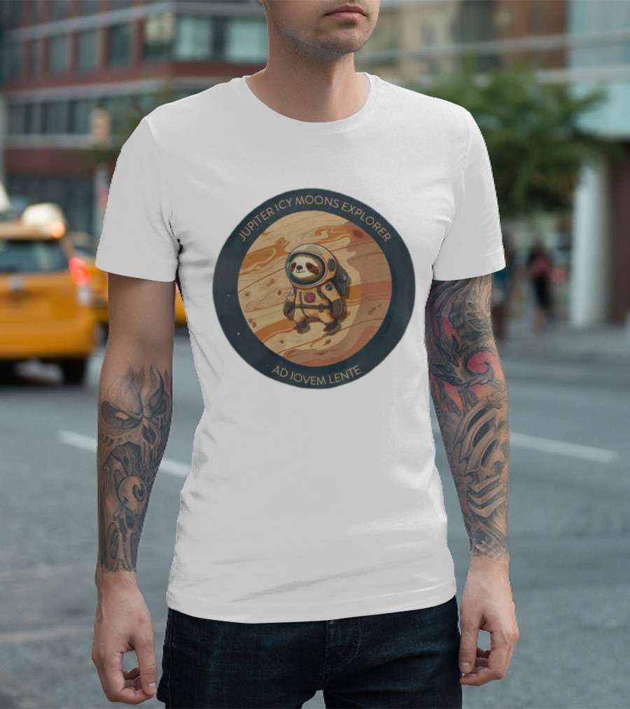 Jupiter Icy Moons Explorer Ad Iovem Lente Space Sloth In Astronaut Suit T-Shirt