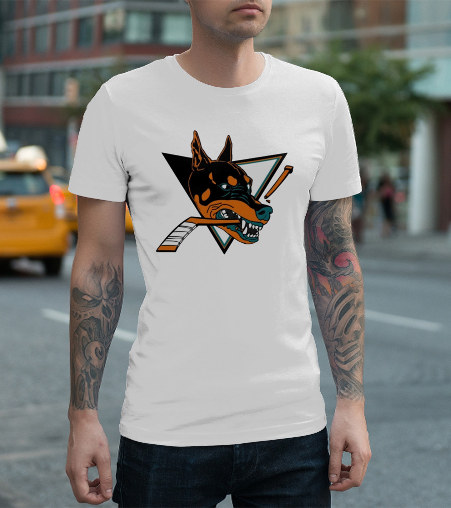 Kayzo San Jose Dogs Hockey Iconic Doberman Logo with Hockey Sticks T-Shirt
