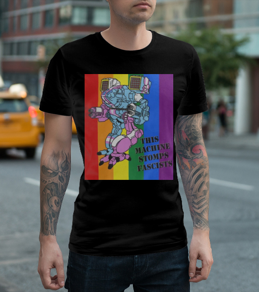 This Machine Stomps Fascists Mech Rainbow Stripes T-Shirt