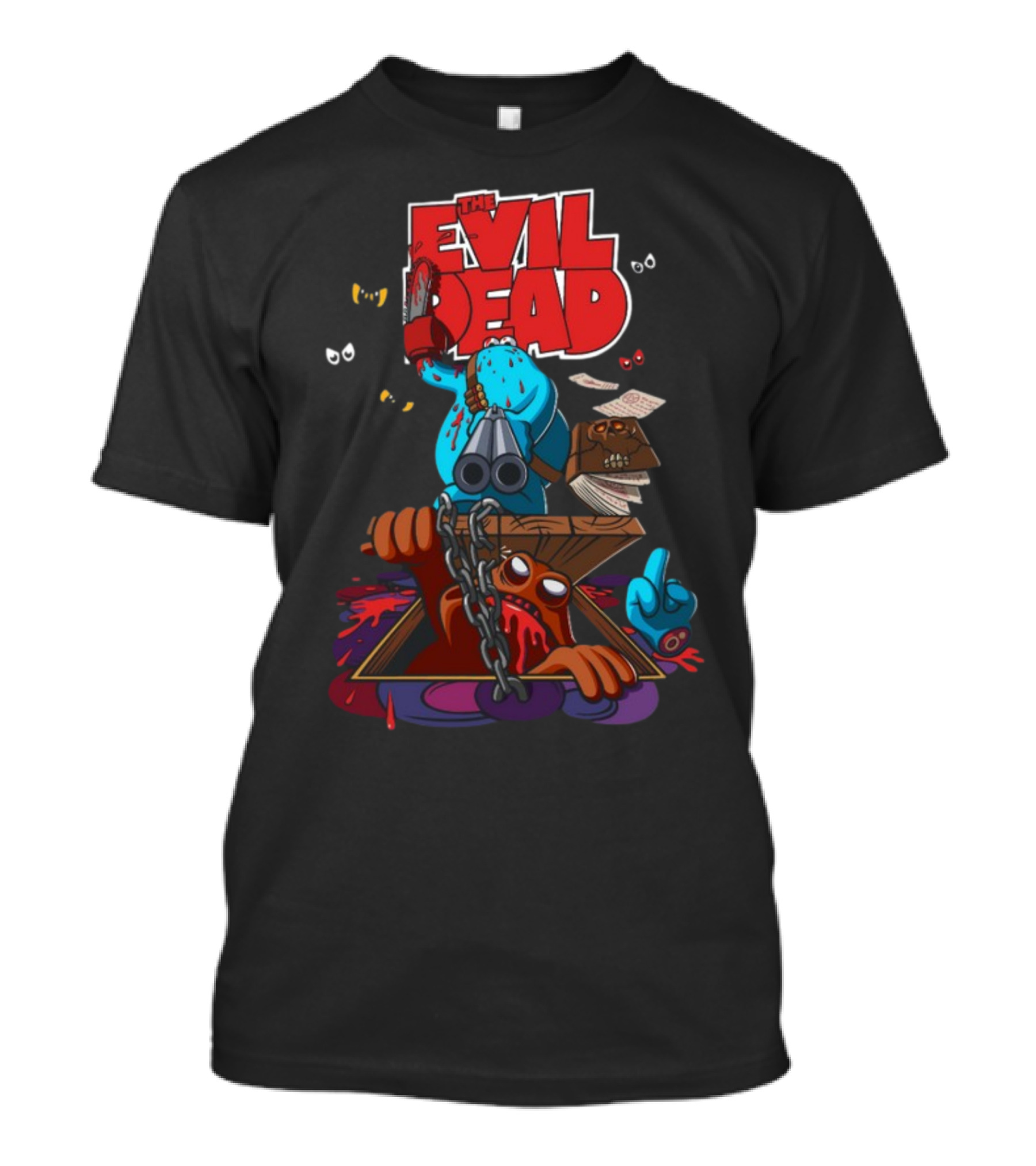 The Evil Dead Groovy Monster Vs The Trap Door With Book And Chains T-Shirt