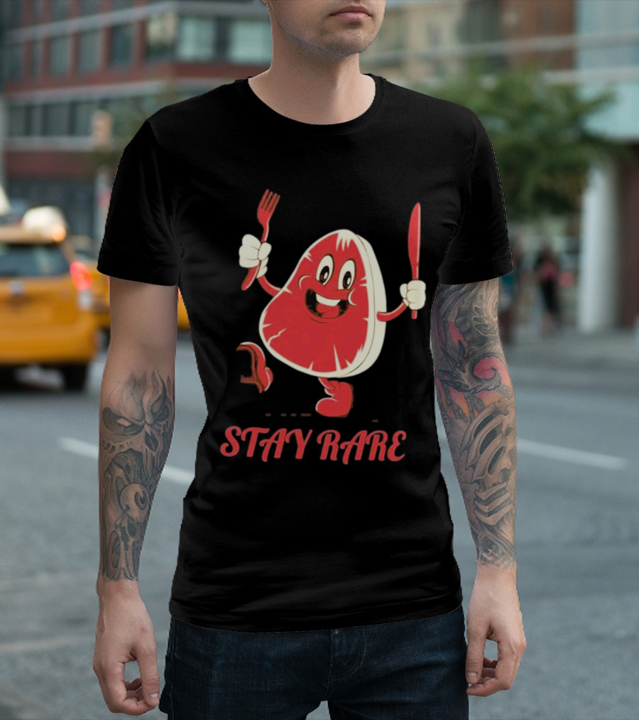 Stay Rare Cartoon Steak with Fork and Knife T-Shirt