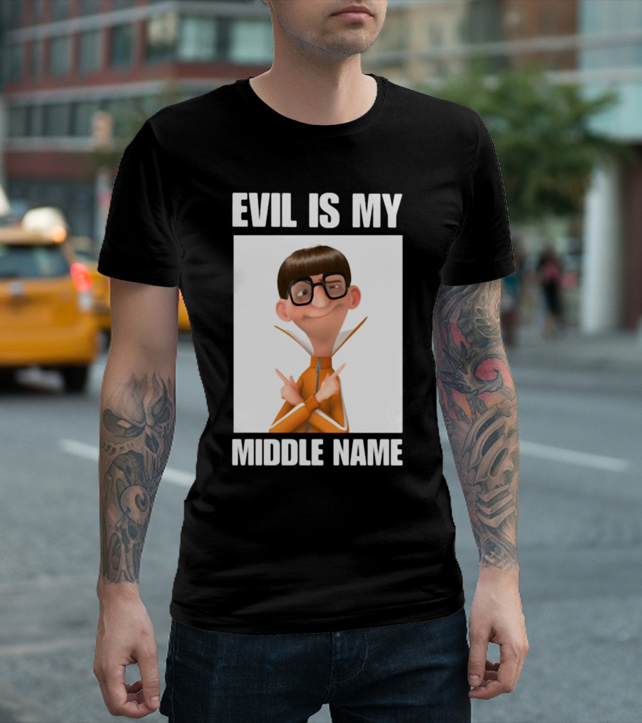 Evil Is My Middle Name Animated Character with Orange Outfit and Glasses T-Shirt