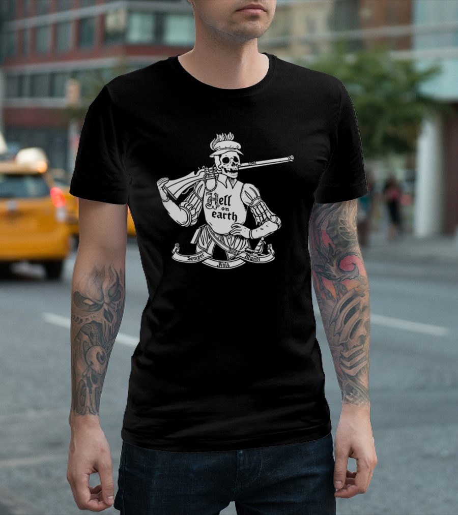 Hell On Earth Semper Finis Mundoi Skeleton Holding Rifle T-Shirt