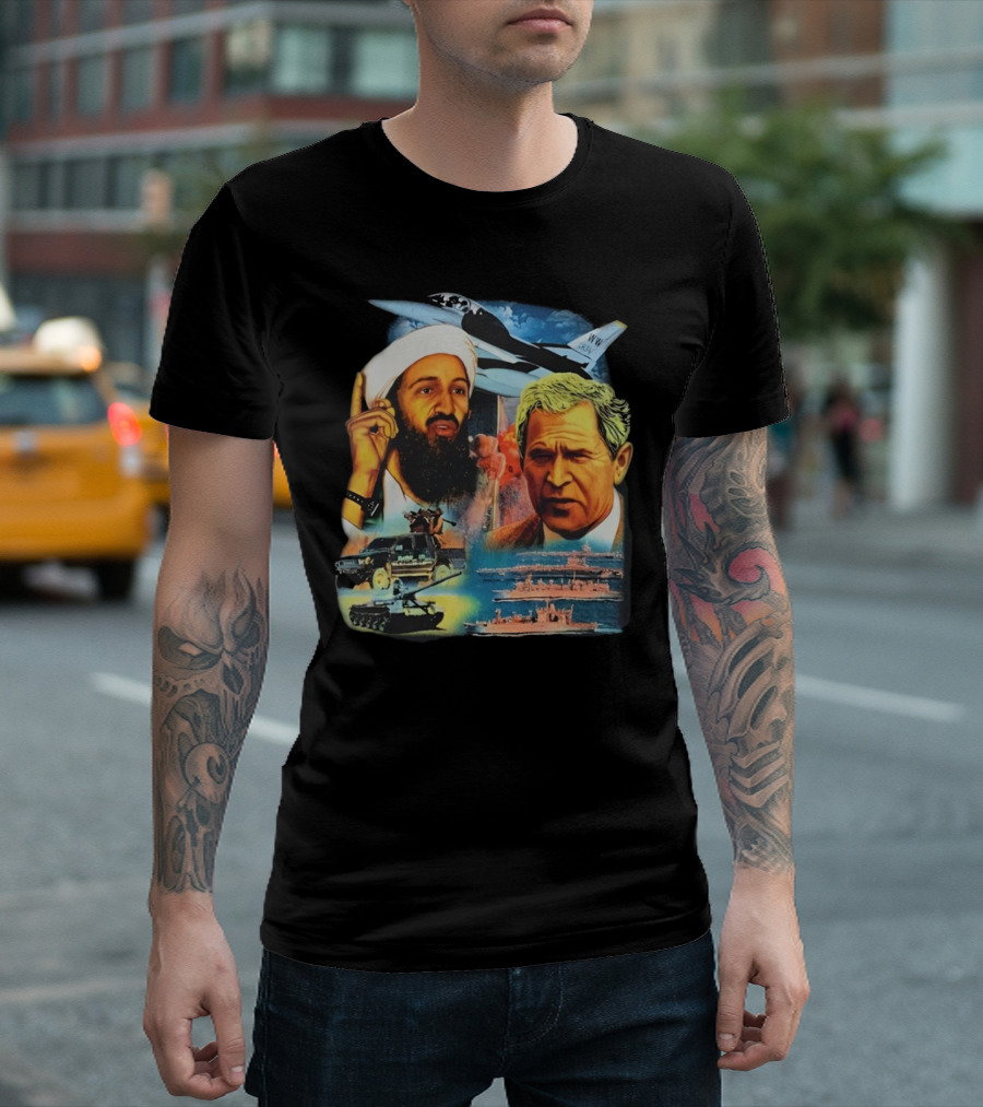 Osama Bin Laden Vs George HW Bush Aircraft Battleships Tanks Conflict T-Shirt