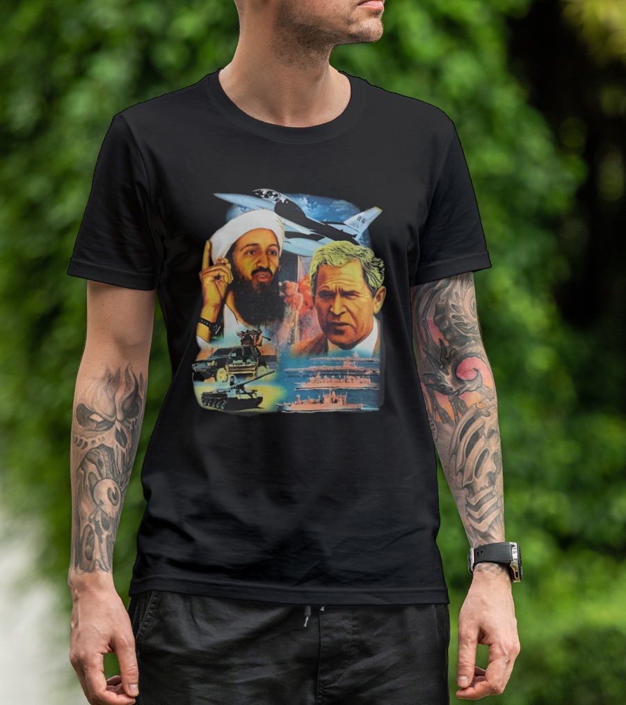 Osama Bin Laden Vs George HW Bush Aircraft Battleships Tanks Conflict T-Shirt