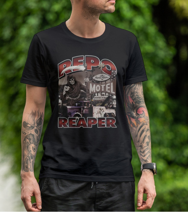 Repo Reaper Grim Skeleton Scythe Hard Slines Motel Scene T-Shirt