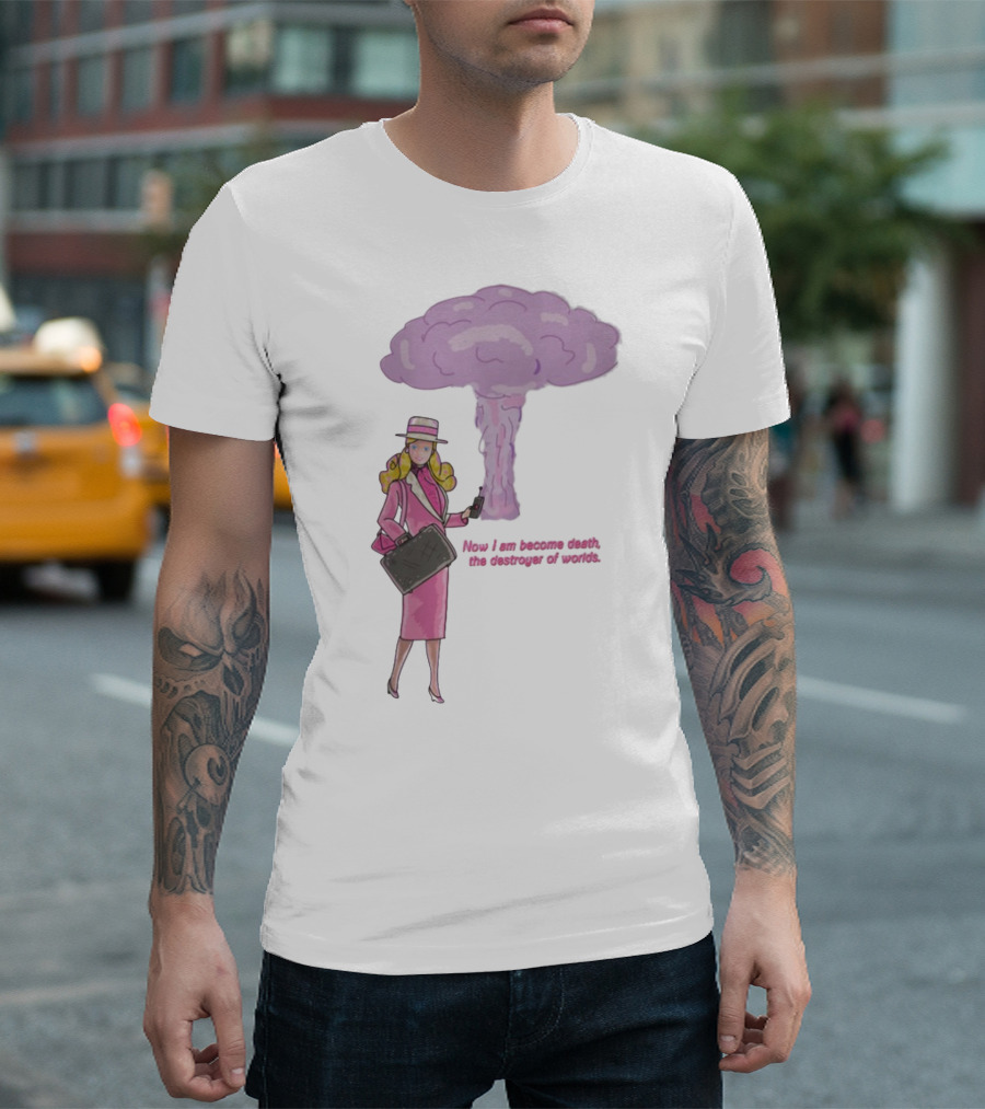 Now I Am Become Death The Destroyer Of Worlds Blonde Woman Pink Outfit Holding Bag Phone With Purple Mushroom Cloud T-Shirt