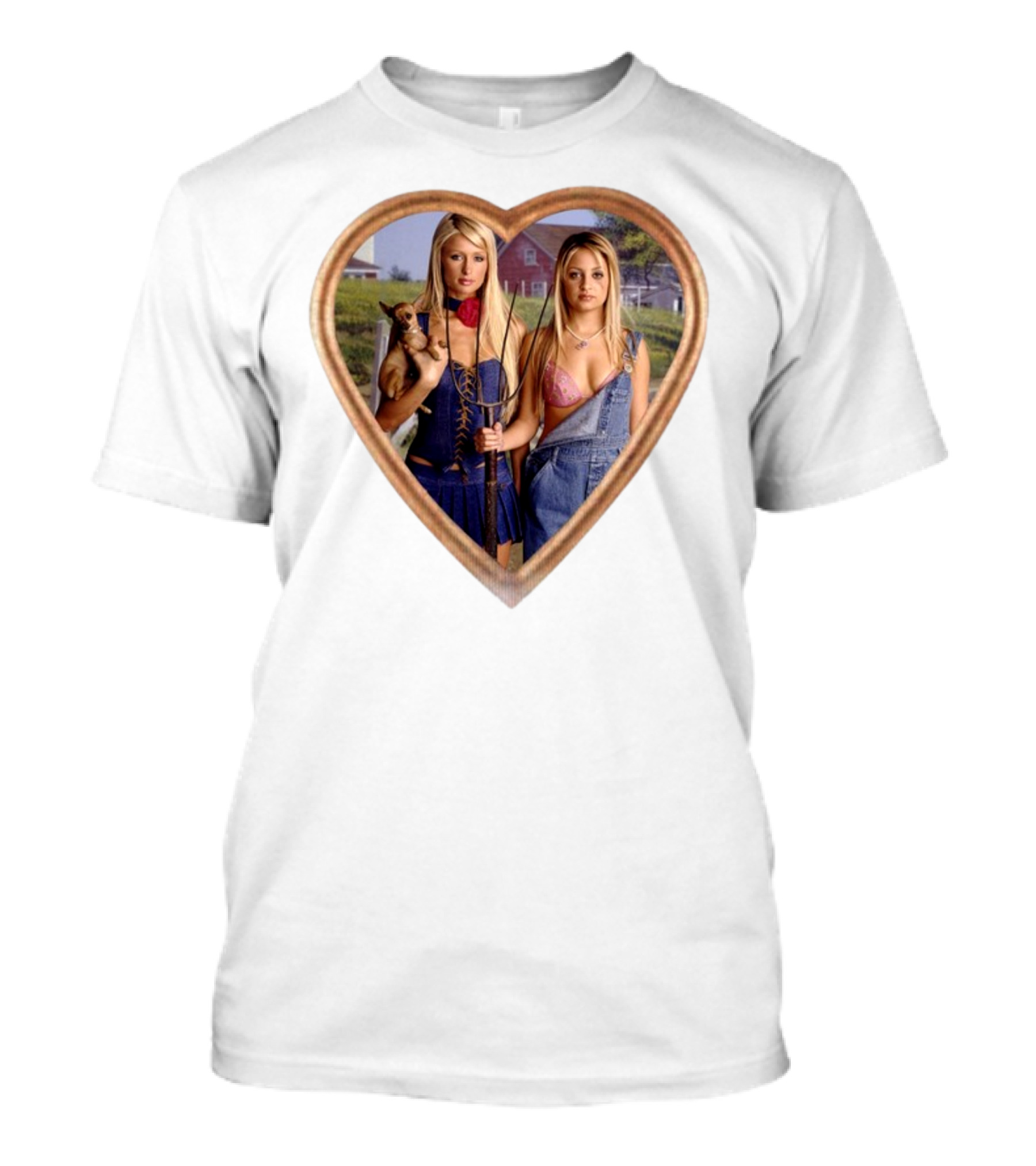 Nicole Polizzi Vs Paris Hilton's Heart-Shaped Photo With Dog And Farmhouse Background T-Shirt