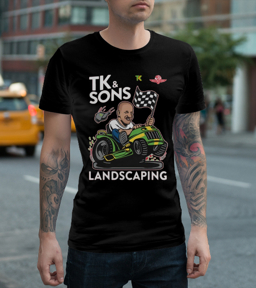 TK and Sons Landscaping Racing Lawn Mower Checkered Flag Victory T-Shirt