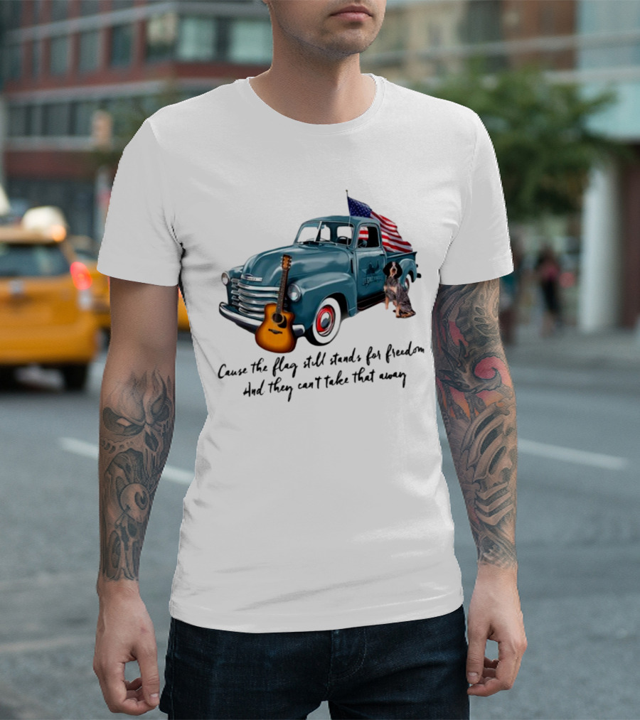 Cause The Flag Still Stands For Freedom And They Can't Take That Away Vintage Truck Guitar Dog Patriotism T-Shirt