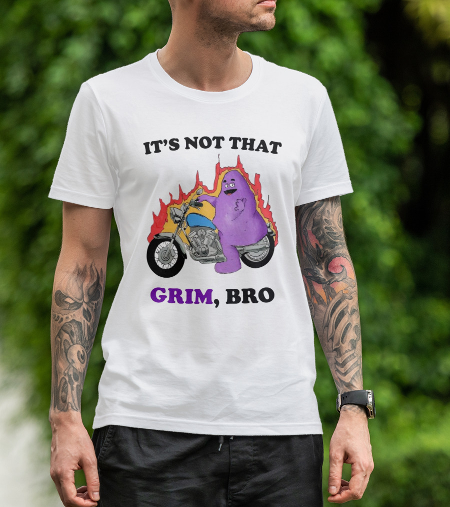 It's Not That Grim Bro Purple Character Riding Motorcycle With Flames T-Shirt