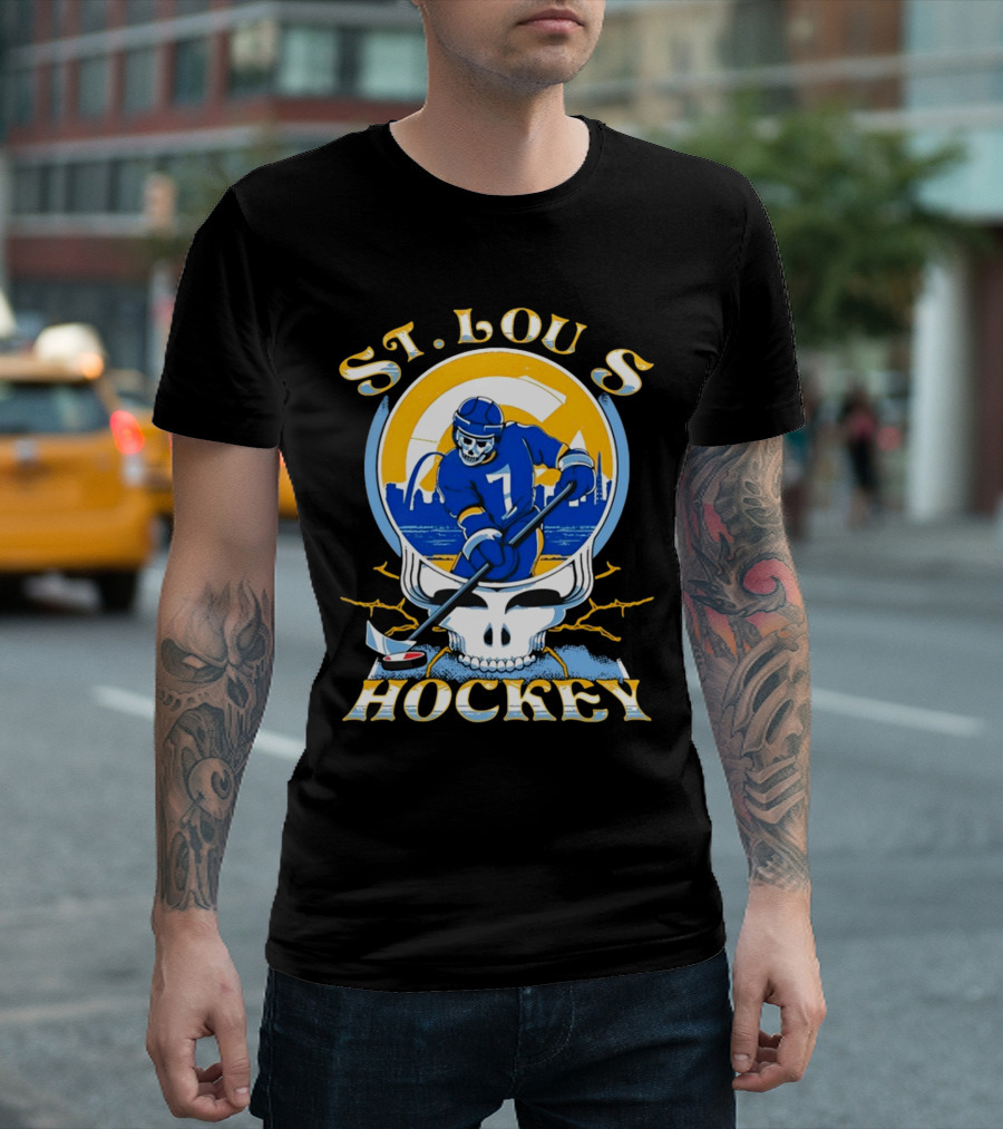 St Louis Hockey Grateful Dead Inspired Skeleton Playing Hockey T-Shirt