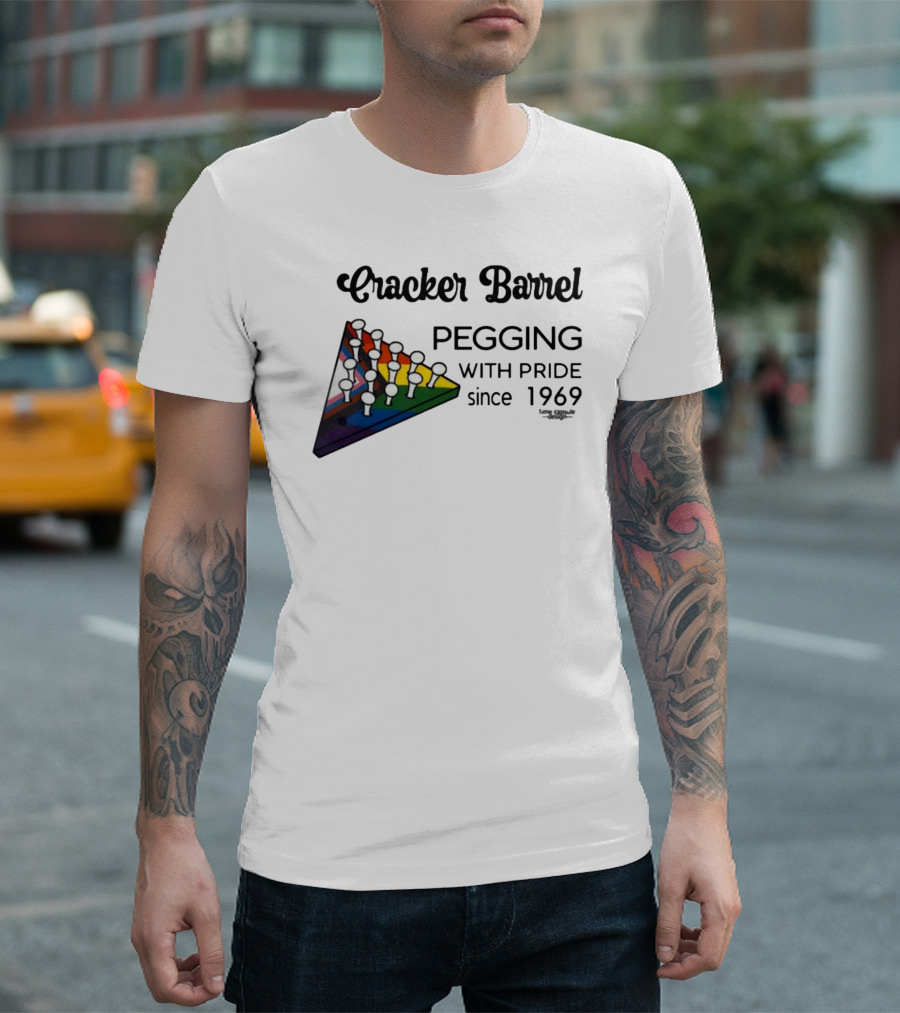 Cracker Barrel Pegging With Pride Since 1969 Rainbow Triangle Peg Board T-Shirt