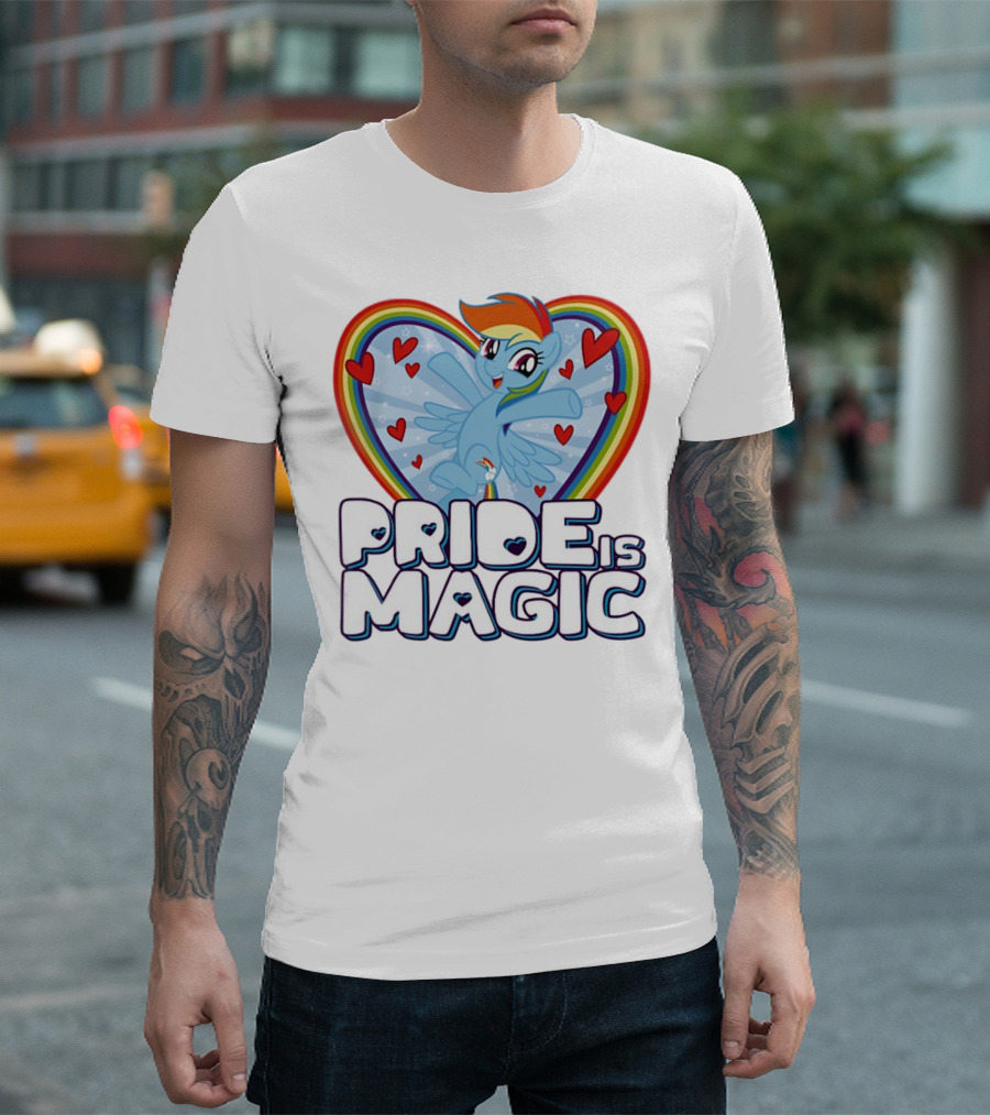 Pride Is Magic Rainbow Heart Flying Pony with Stars and Hearts T-Shirt