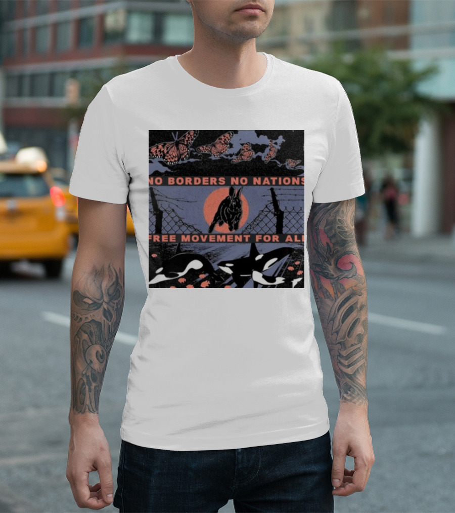 No Borders No Nations Free Movement For All Butterflies Rabbit Orcas Fence Orange Background T-Shirt