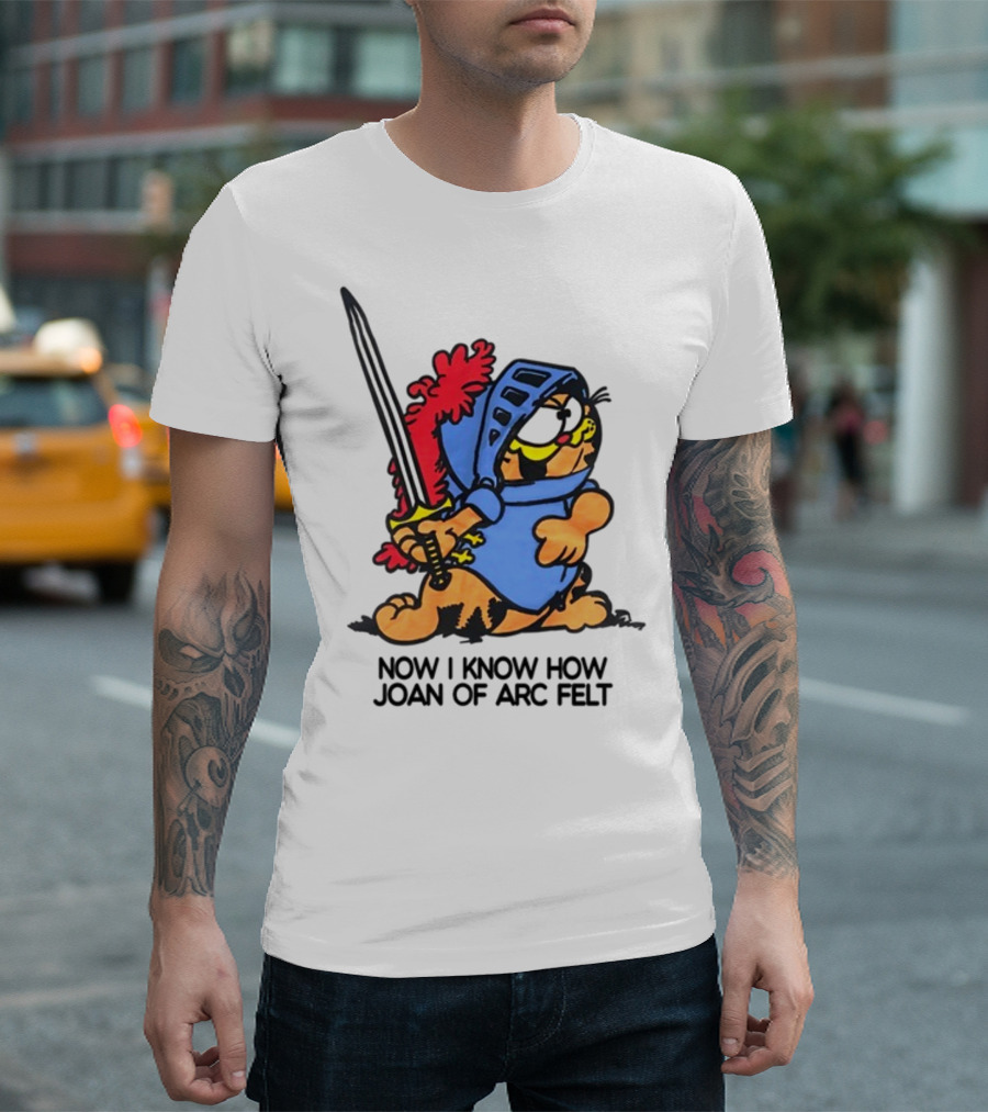 Now I Know How Joan Of Arc Felt Garfield in Knight Armor Holding Sword T-Shirt