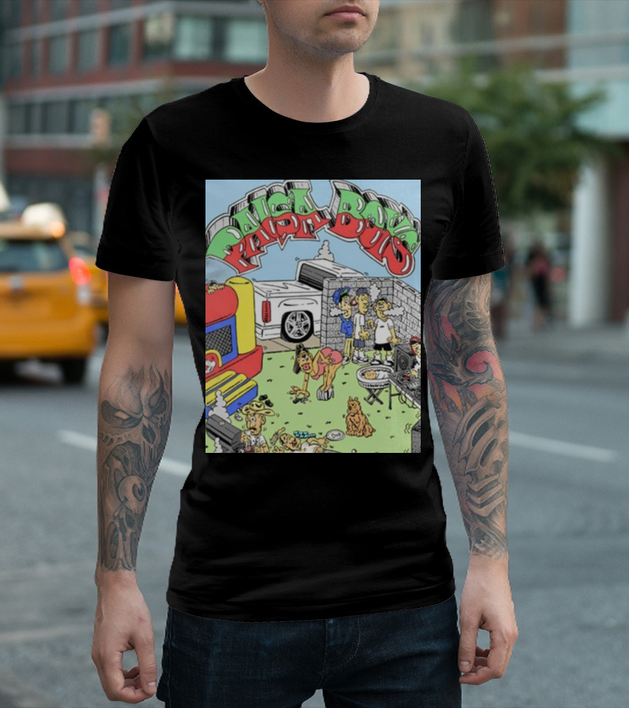 Paisa Boys Backyard BBQ Party With Lowrider Car, Bounce House, Family, and Pets T-Shirt
