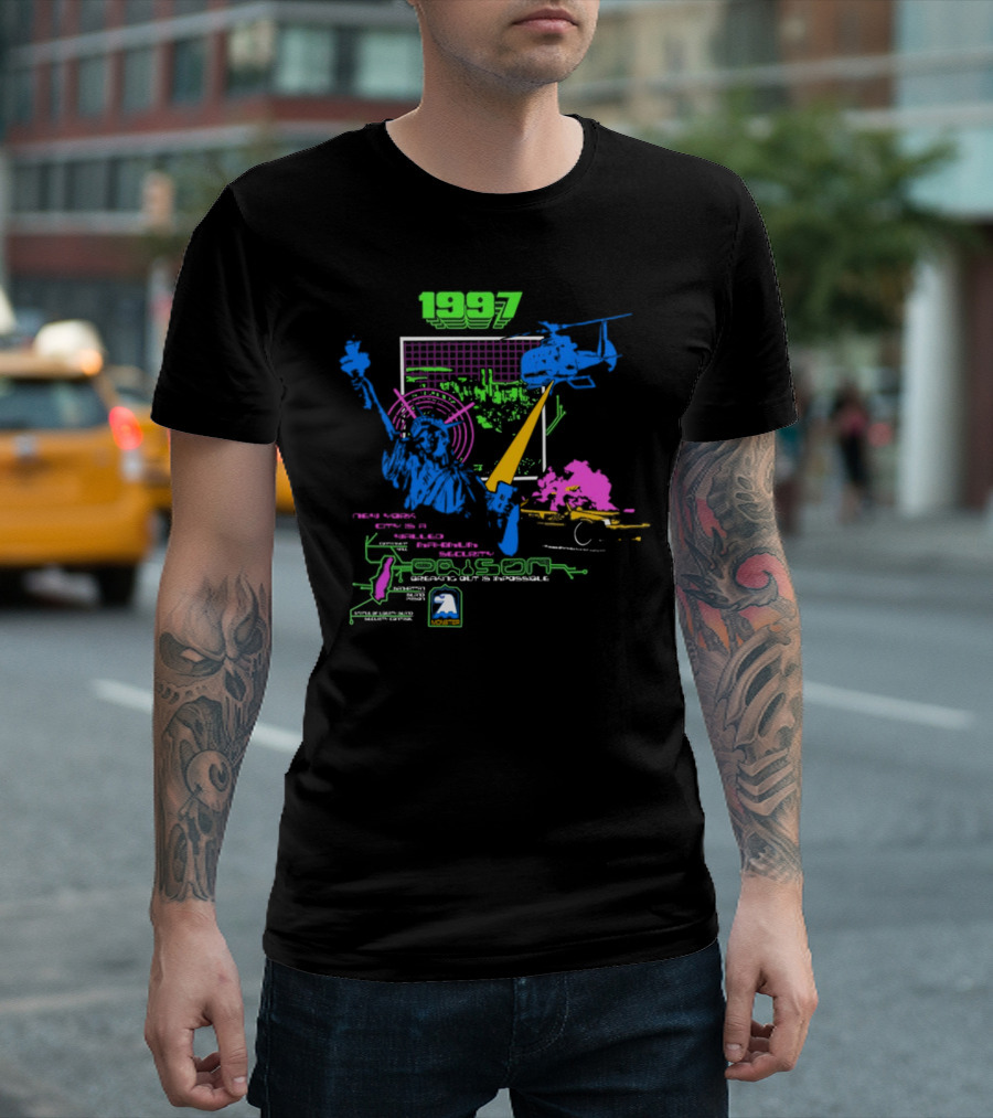 1997 New York City Is A Walled Maximum Security Prison Breaking Out Is Impossible Helicopter Statue Of Liberty Explosion Scene T-Shirt