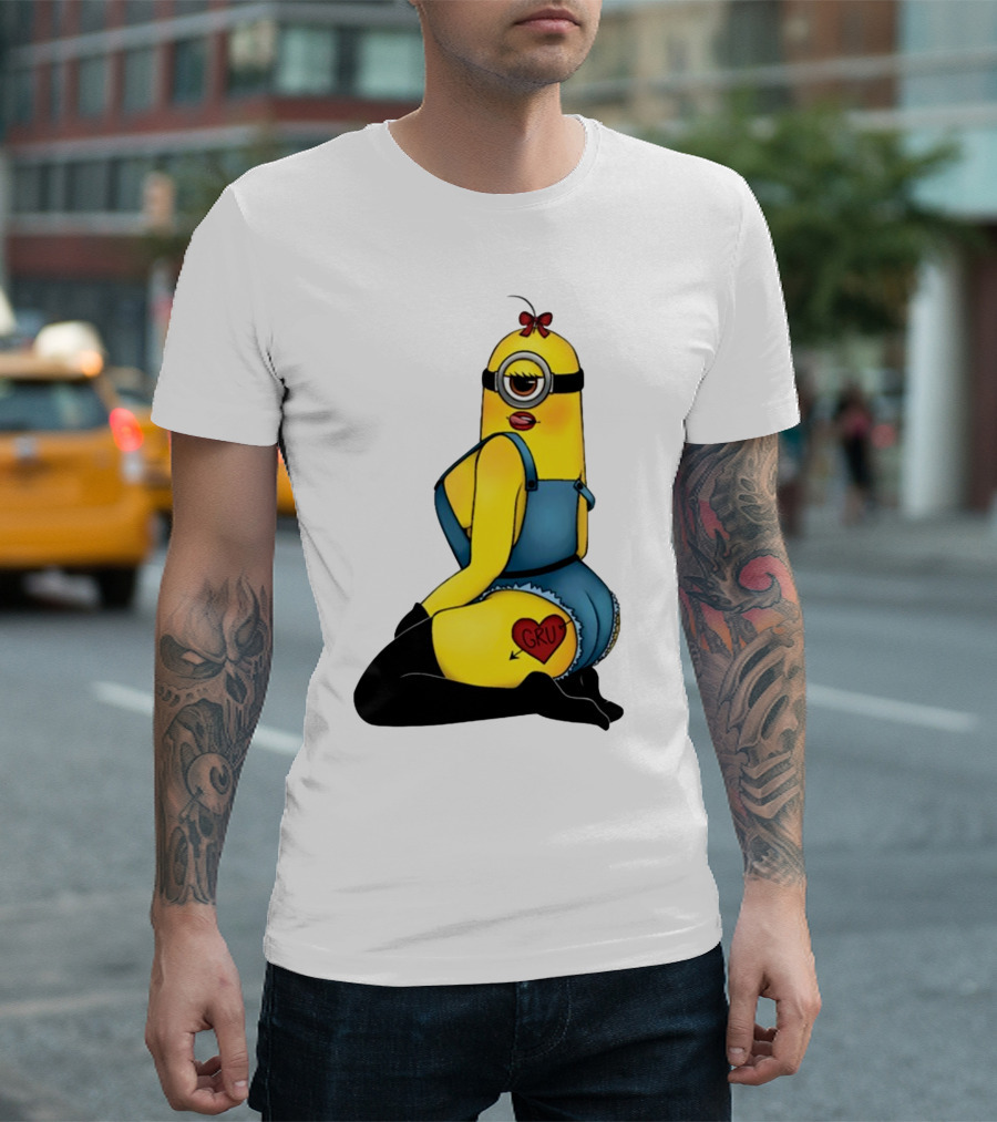 Minion In Blue Overalls With Gru Heart Tattoo And Red Bow T-Shirt