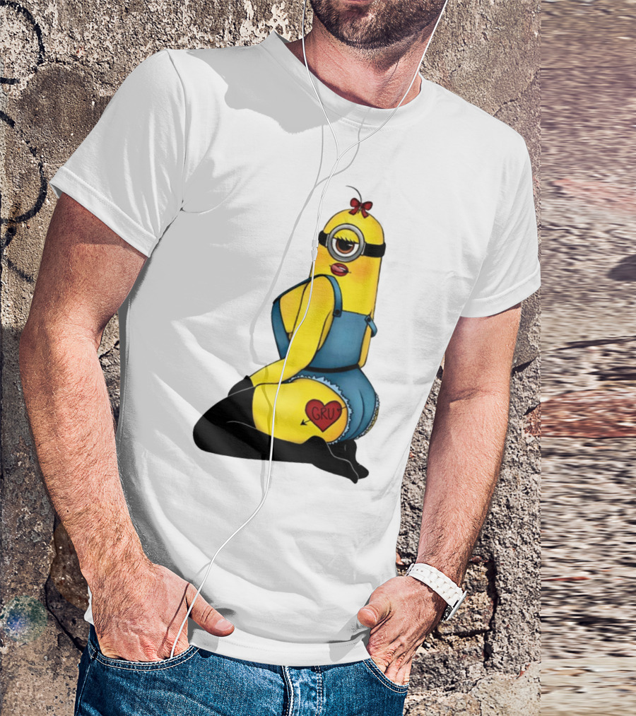 Minion In Blue Overalls With Gru Heart Tattoo And Red Bow T-Shirt